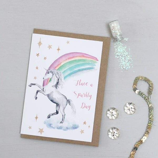 Watercolour Unicorn and Rainbow Card
