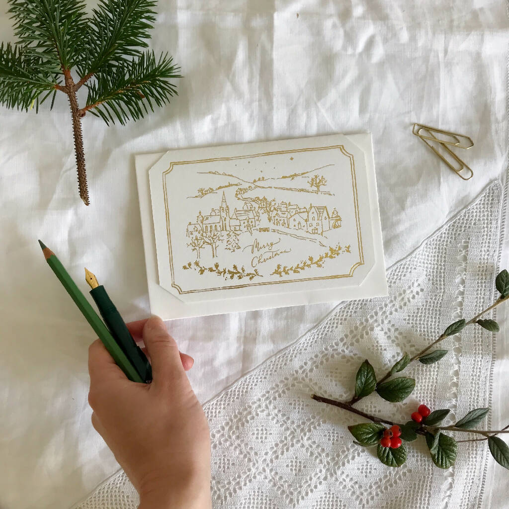 Christmas Village Gold Foiled Letterpress Christmas Card