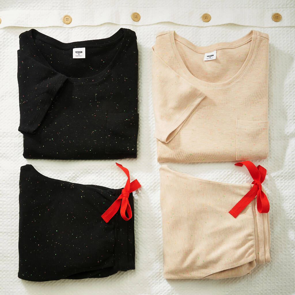 Confetti T-Shirt and Trousers Pyjamas Set in Black and Oat
