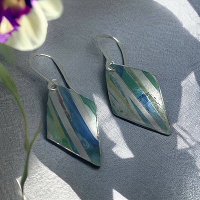 Iris Inspired Green and Blue Stripe Aluminium Earrings