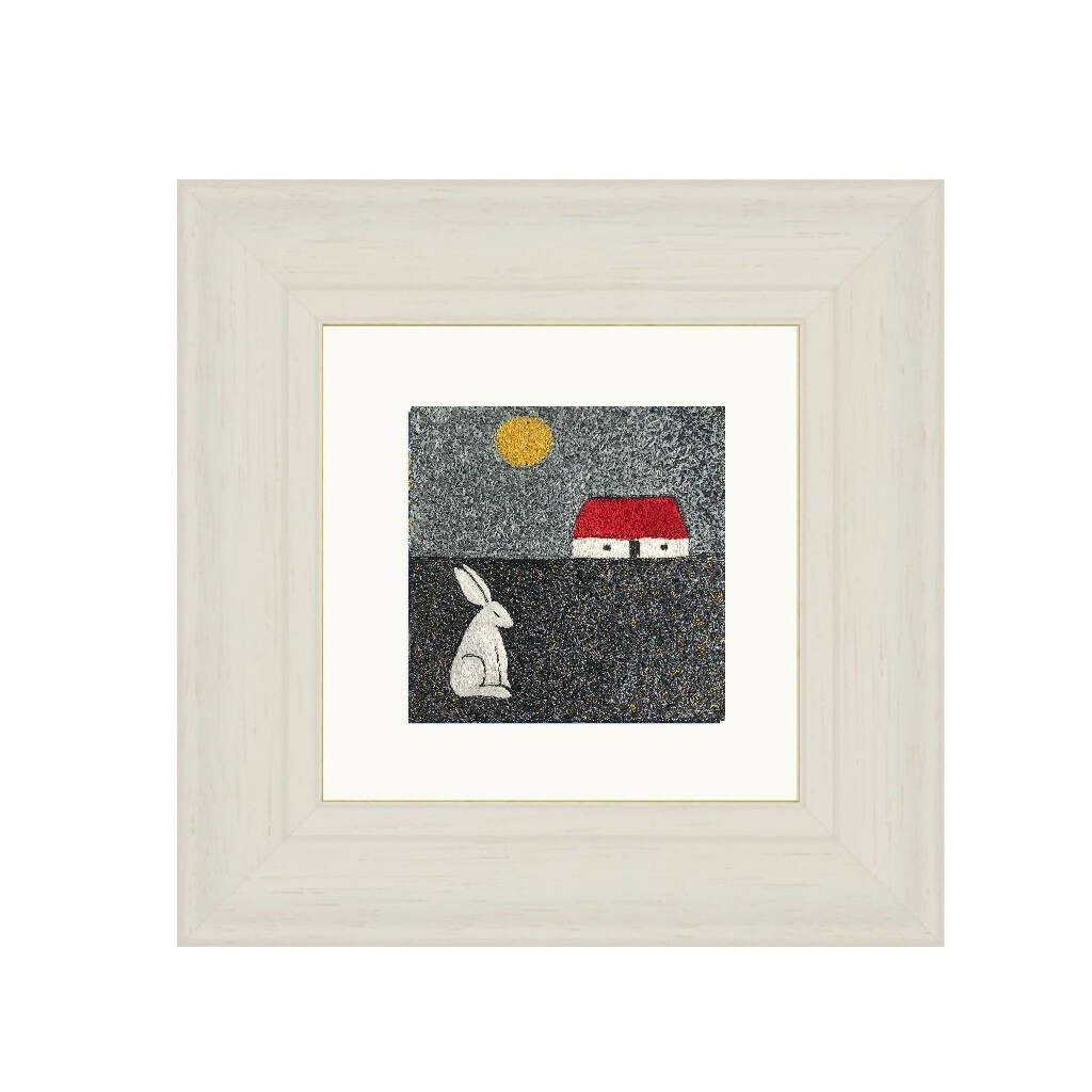 Midwinter Framed Embroidered Artwork With White Hare And Crofthouse