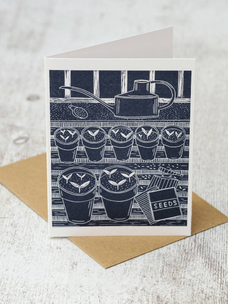 In the Potting Shed A6 Lino Print Greeting Card