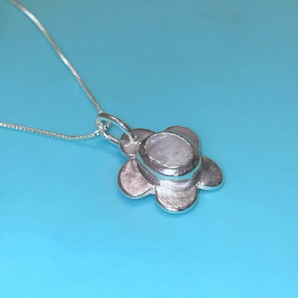 Moonstone Flower Fine Sterling Silver Pendant Necklace