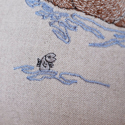Close Up of Sleeping Otter Mum & Pup Embroidered Cushion By Kate Sproston Design