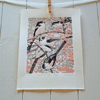 Long-tailed Tits in Sorbus - Limited Edition - Original Linocut Print