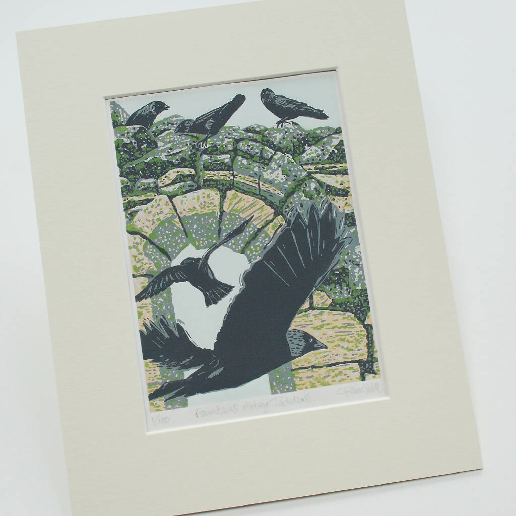 Fountains Abbey Jackdaws - Limited Edition - Original Linocut Print