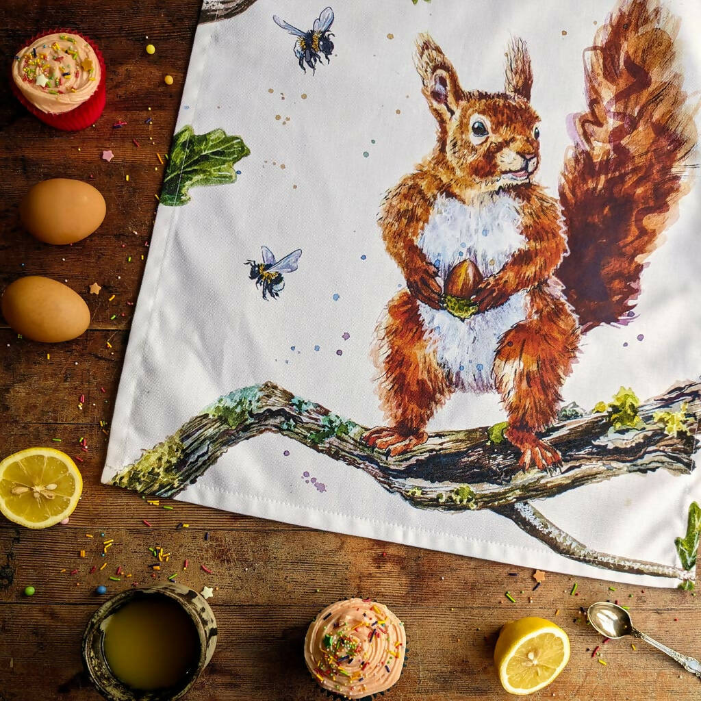 Squirrel in Oak Tree Cotton Tea Towel