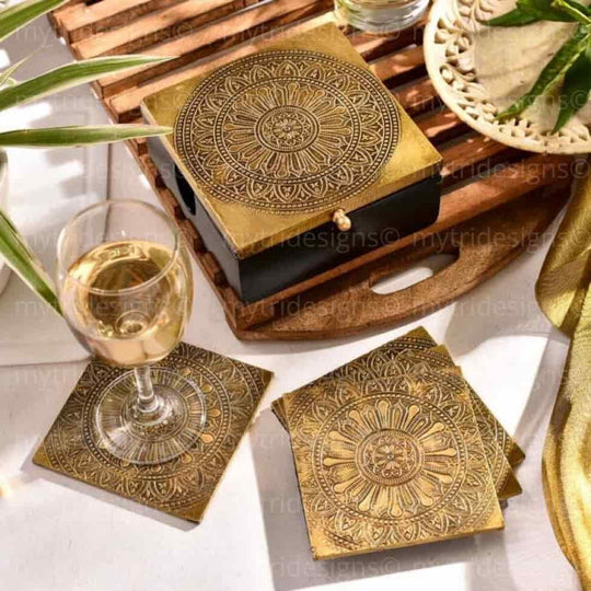 Mandala Wooden Brass Coaster Set With Box