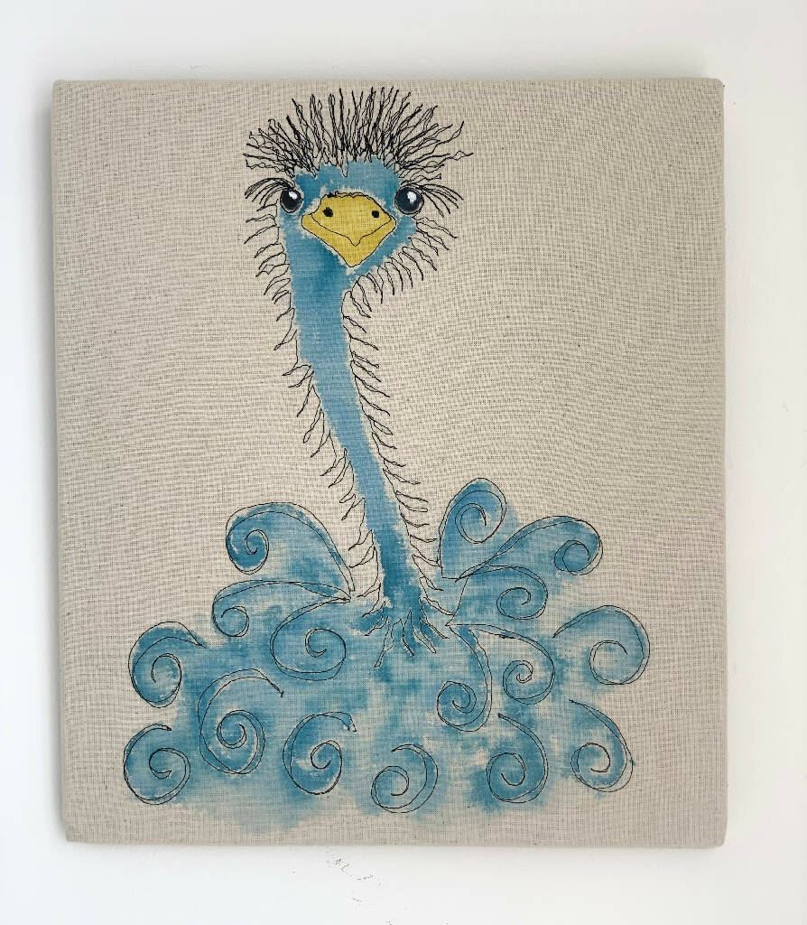 Fun Ostrich in Blue Watercolour and Black Machine Stitch Outline
