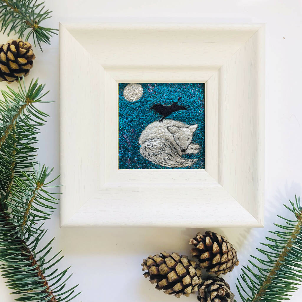 Softly In The Night Embroidered Artwork With White Fox And Blackbird.