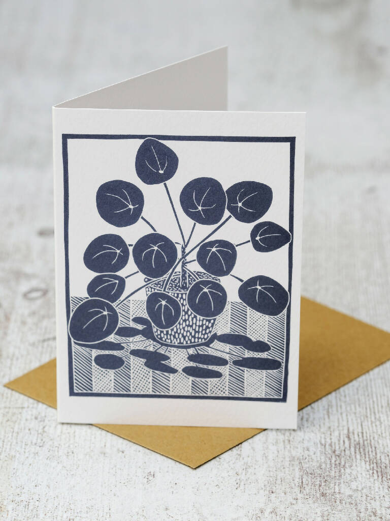 Chinese Money Plant A6 Lino Print Greeting Card