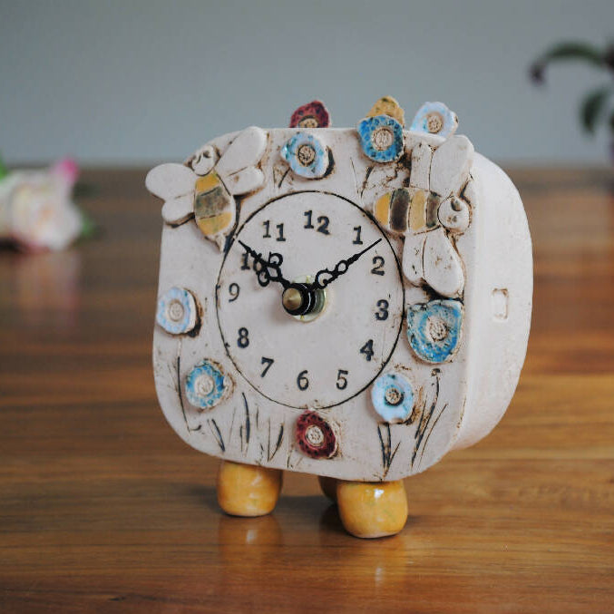 Small Handmade Clock With Bumble Bees, Meadow and Pebble Feet