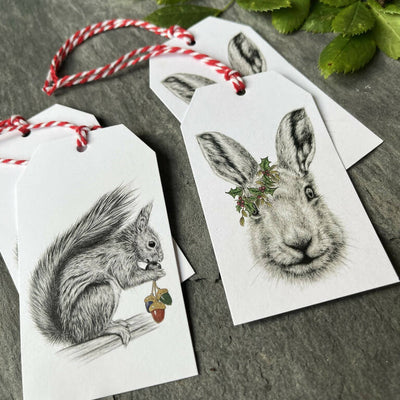 Festive Hare and Red Squirrel Hand-Finished Christmas Gift Tags - Set of 4