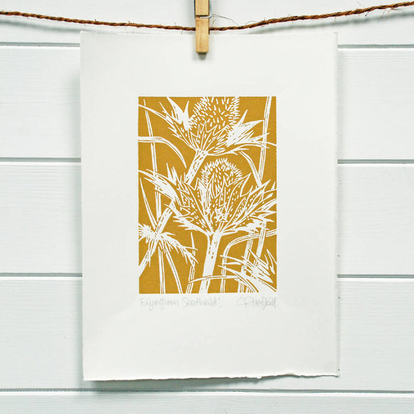 Eryngium Seedhead in Caramel - Open Ended Edition - Original Linocut Print