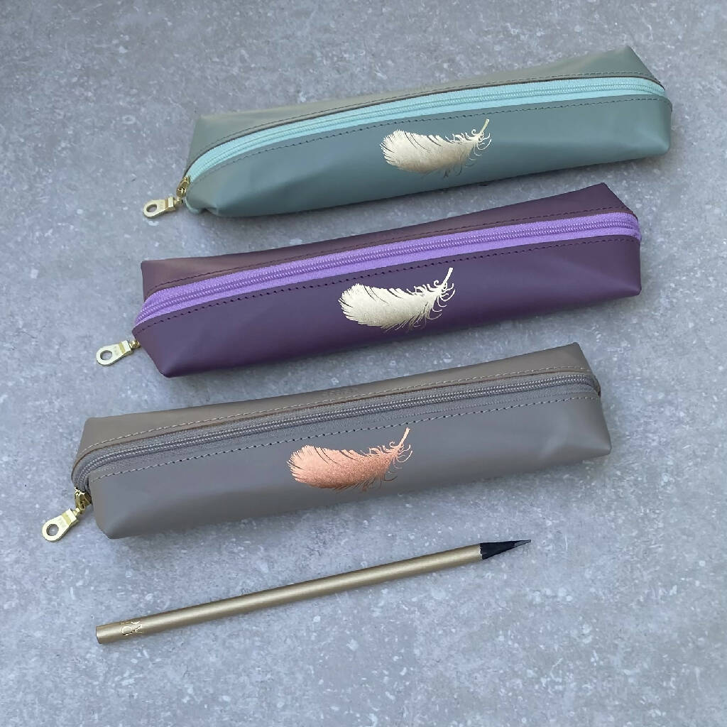 Recycled Leather Pen Case with Foiled Feather