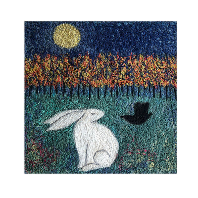 Dream with Me Framed Embroidered Artwork with White Hare Black Bird and Trees 4