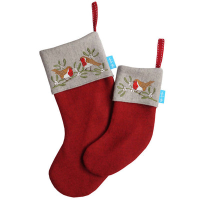 Embroidered Robin and Mistletoe Christmas Stocking