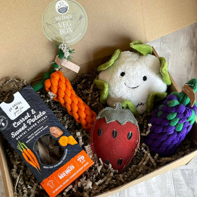 My Dog's Veg Box. Rope & Plush Toys With Veggie Chews Presented In A Gift Box