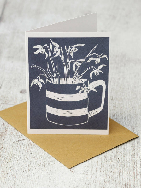 Snowdrops in Cornishware Mug A6 Lino Print Greeting Card