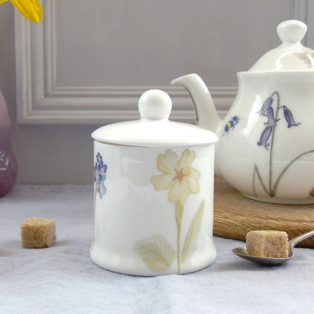 Bee and Spring Flowers Bone China Small Sugar Pot