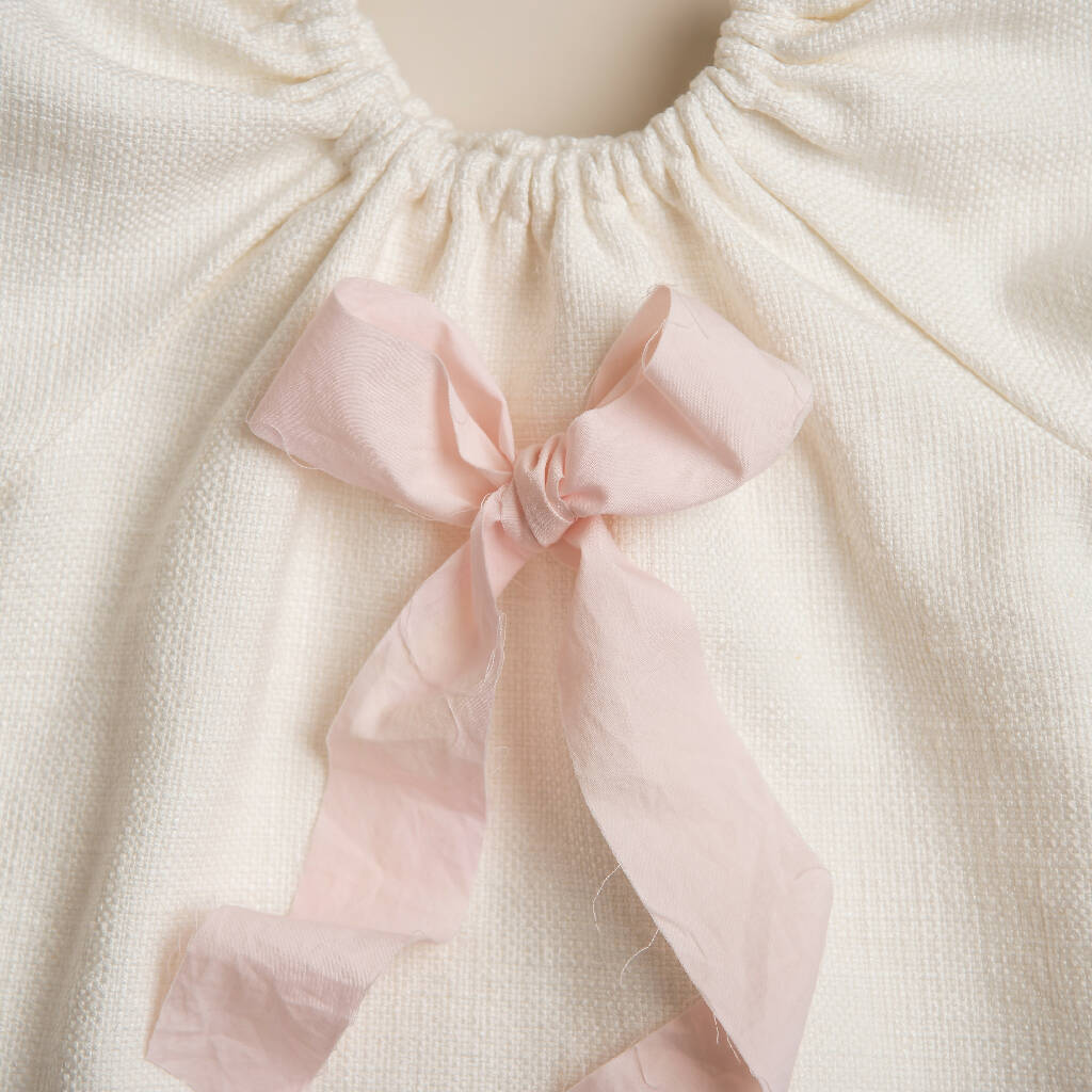 Ruffle Linen Top with Pink Ribbon