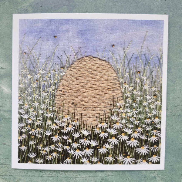 Daisies & Bee Skep greetings card