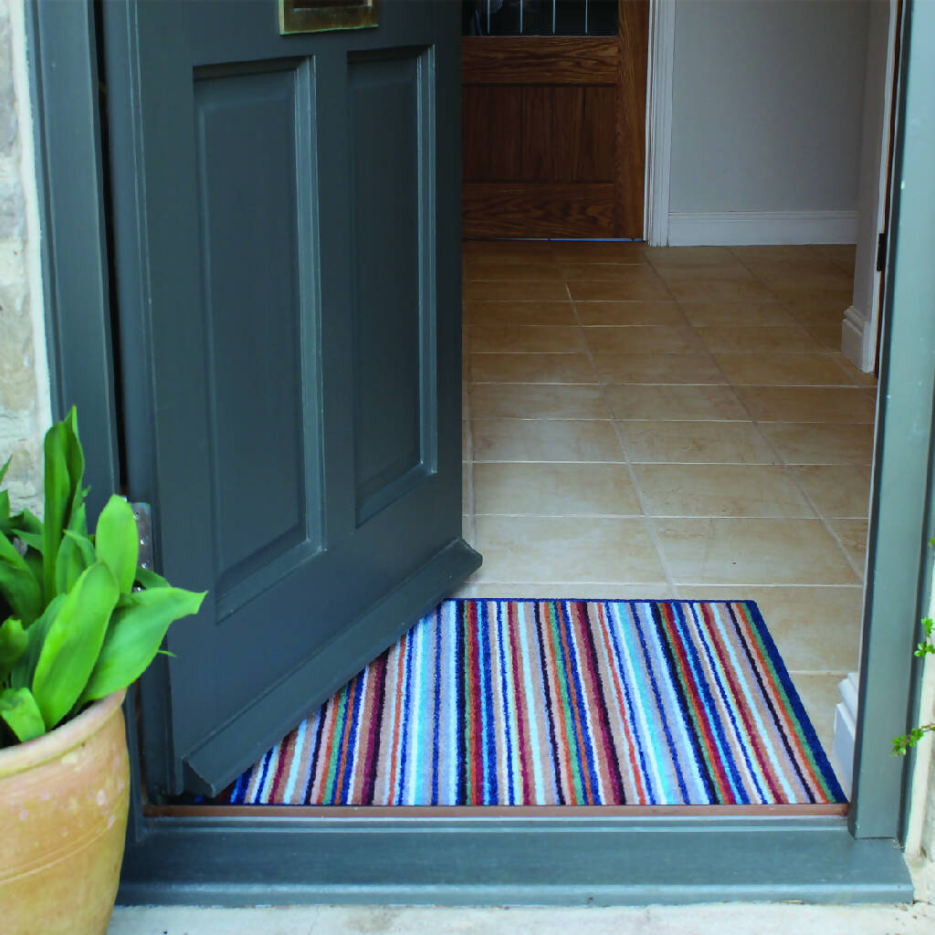 Bright Stripe Recycled Doormat with Navy Blue Border