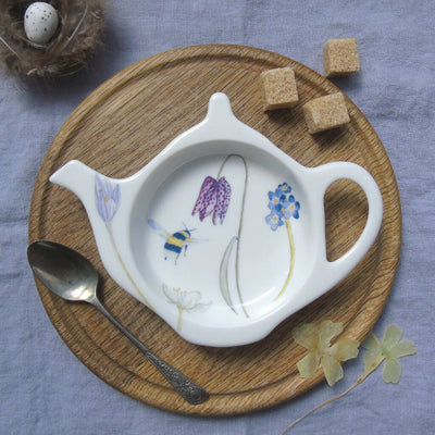 Bee and Spring Flower Bone China Teabag Tidy