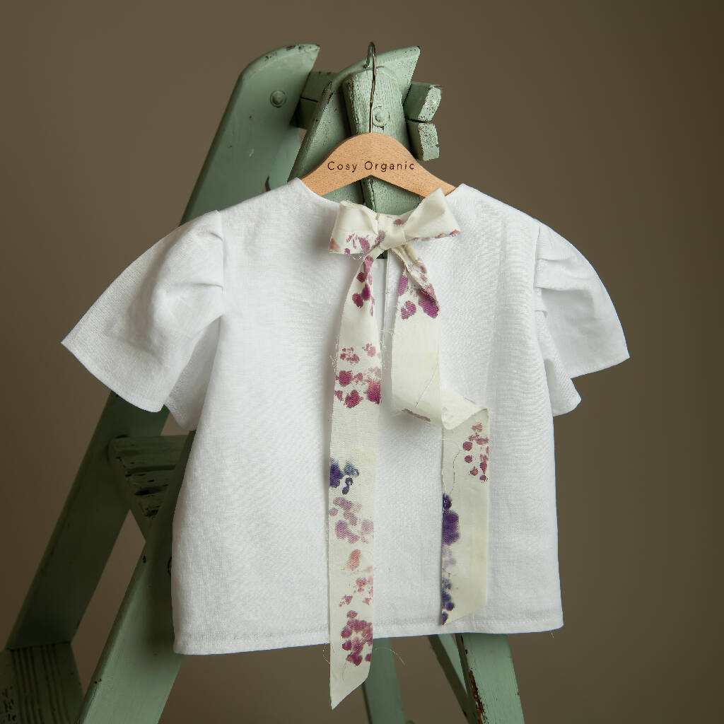 Organic Linen Girls Top with Floral Ribbon