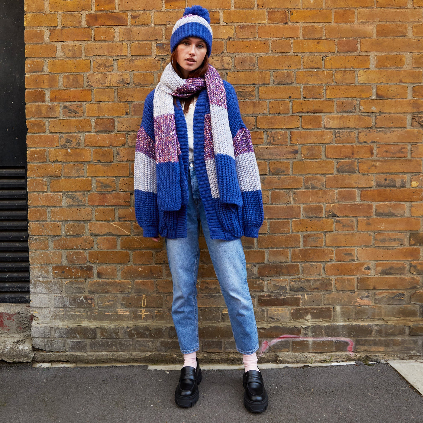 Leia Stripe Oversized chunky Knitted Scarf - Cobalt