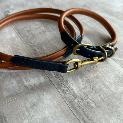 Rolled Leather Dog Lead Black with Tan