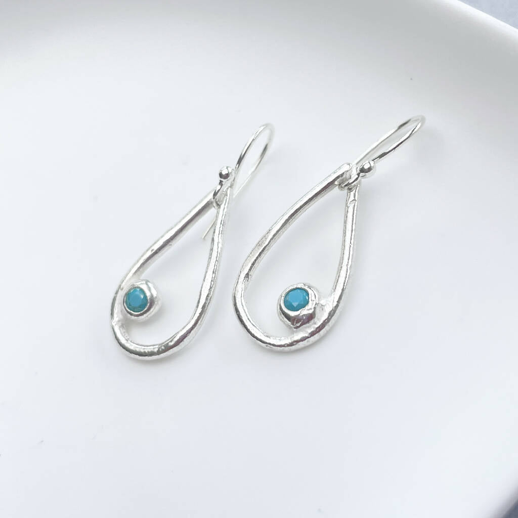 Teardrop Hoop Turquoise Stone Earrings in Fine Silver