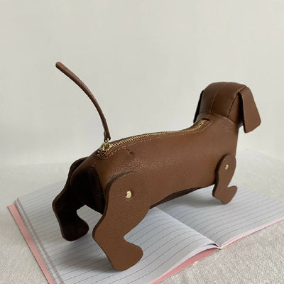 Leather Sausage Dog Pencil Case in Tan