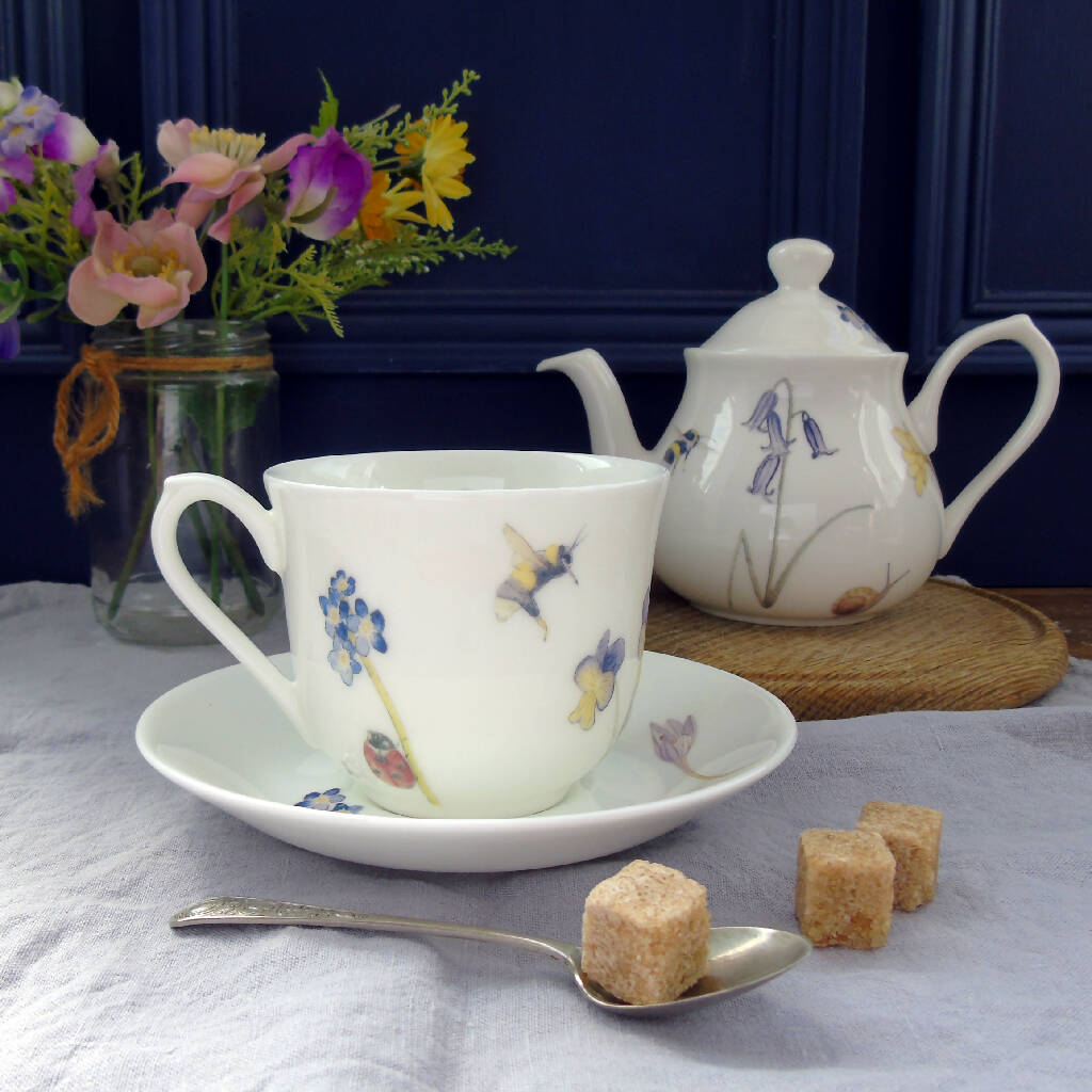 Bee and Spring Flowers Bone China Teacup and Saucer
