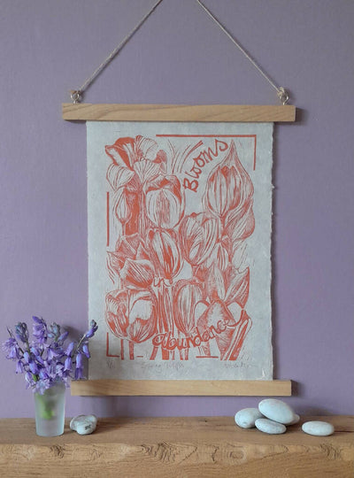 'Spring Tulips' Linocut Print on Handmade Paper, in Orange