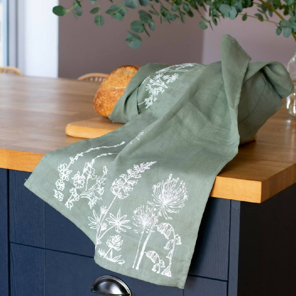 Linen Tea Towel With Garden Design