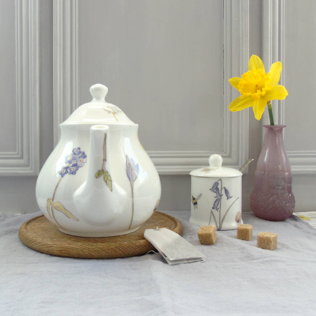 Bee and Spring Flowers Bone China Large Teapot