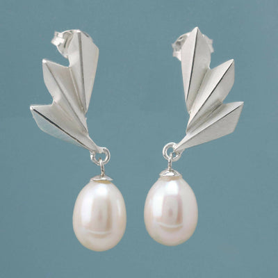 Geometric Fan Drop Earrings with Pearls in Solid Sterling Silver