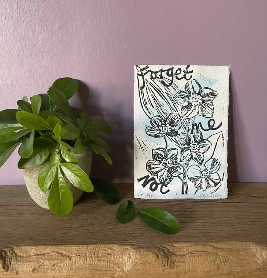 'Forget Me Not' Linocut Print on Handmade Paper