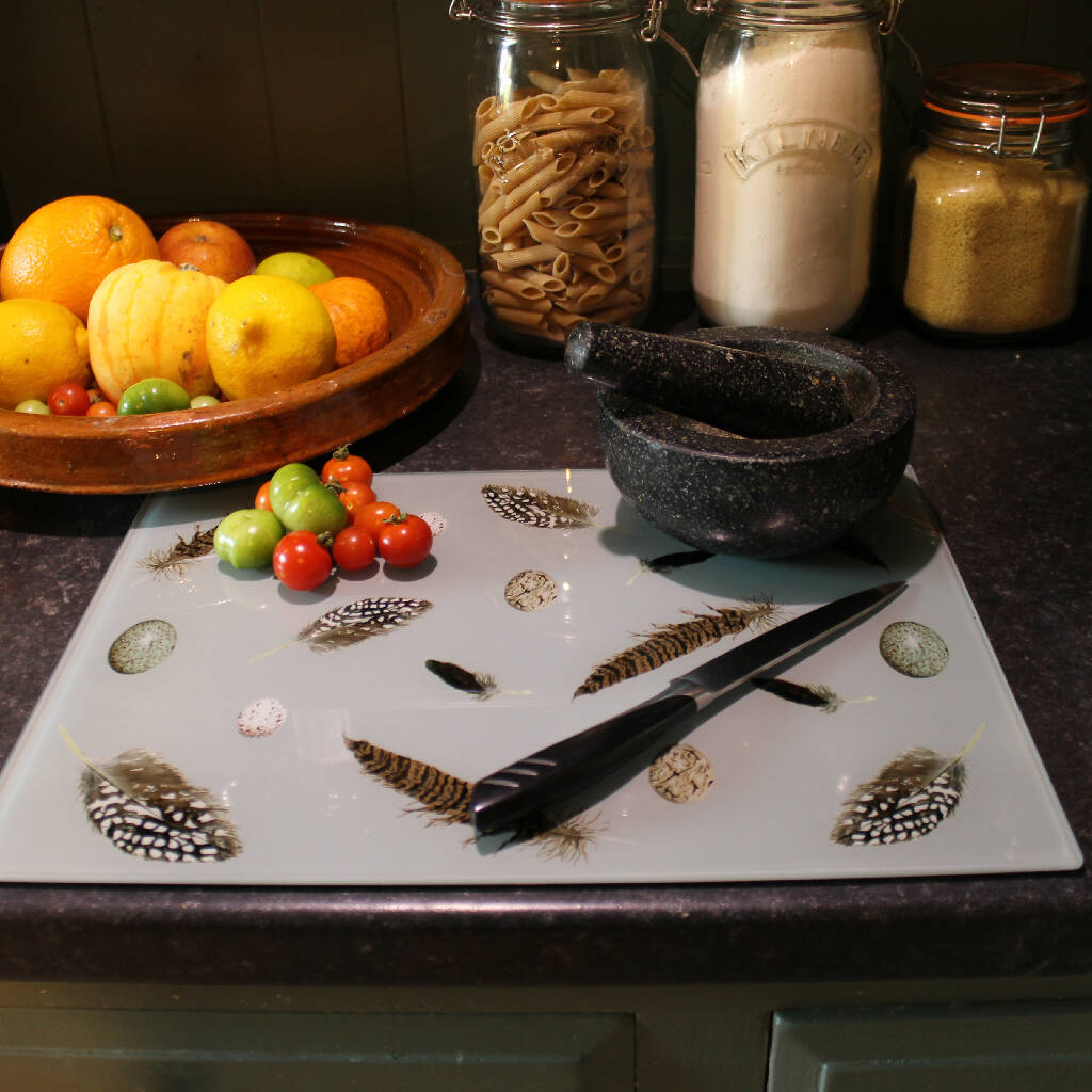 Glass Chopping Board/Worktop Saver in Feathers & Eggs