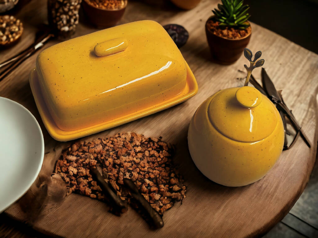 Butter Dish and Sugar Bowl in Yellow Speckle Glaze