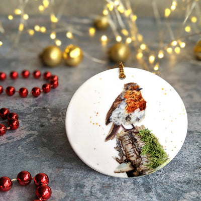 Robin on Branch Personalised Ceramic Christmas Ornament