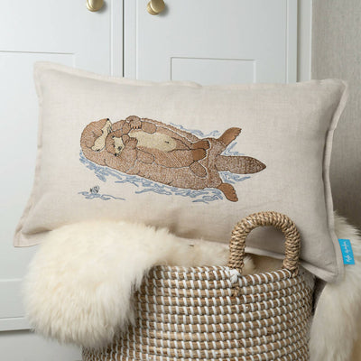 Sleeping Otter Mum & Pup Embroidered Cushion By Kate Sproston Design