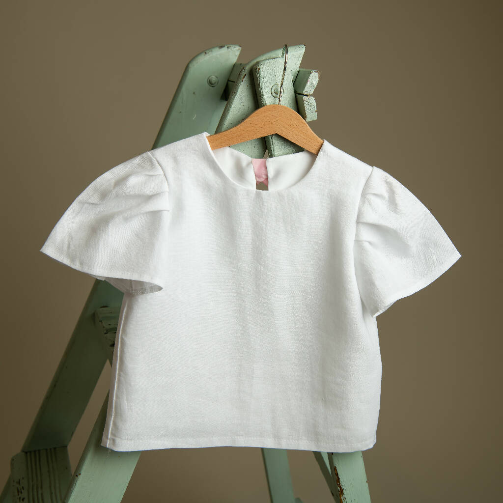 Organic Linen Girls Top with Pink Ribbon