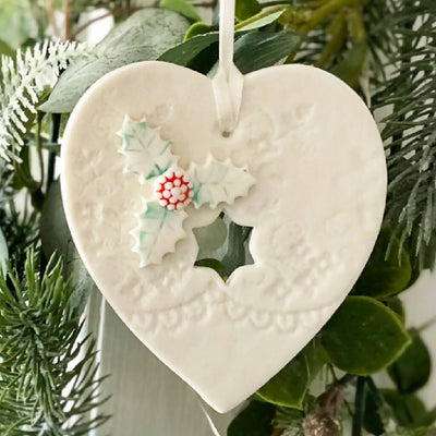 Porcelain Holly Heart Decoration