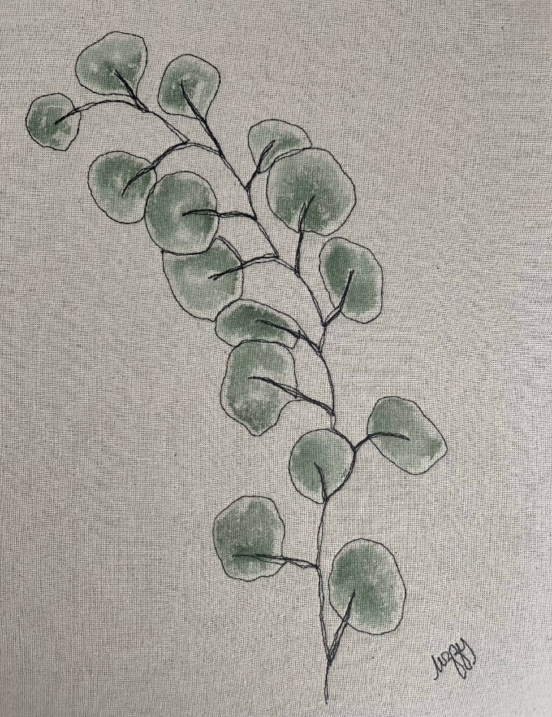Eucalyptus Painted in Watercolours and Machine Stitched onto Fabric