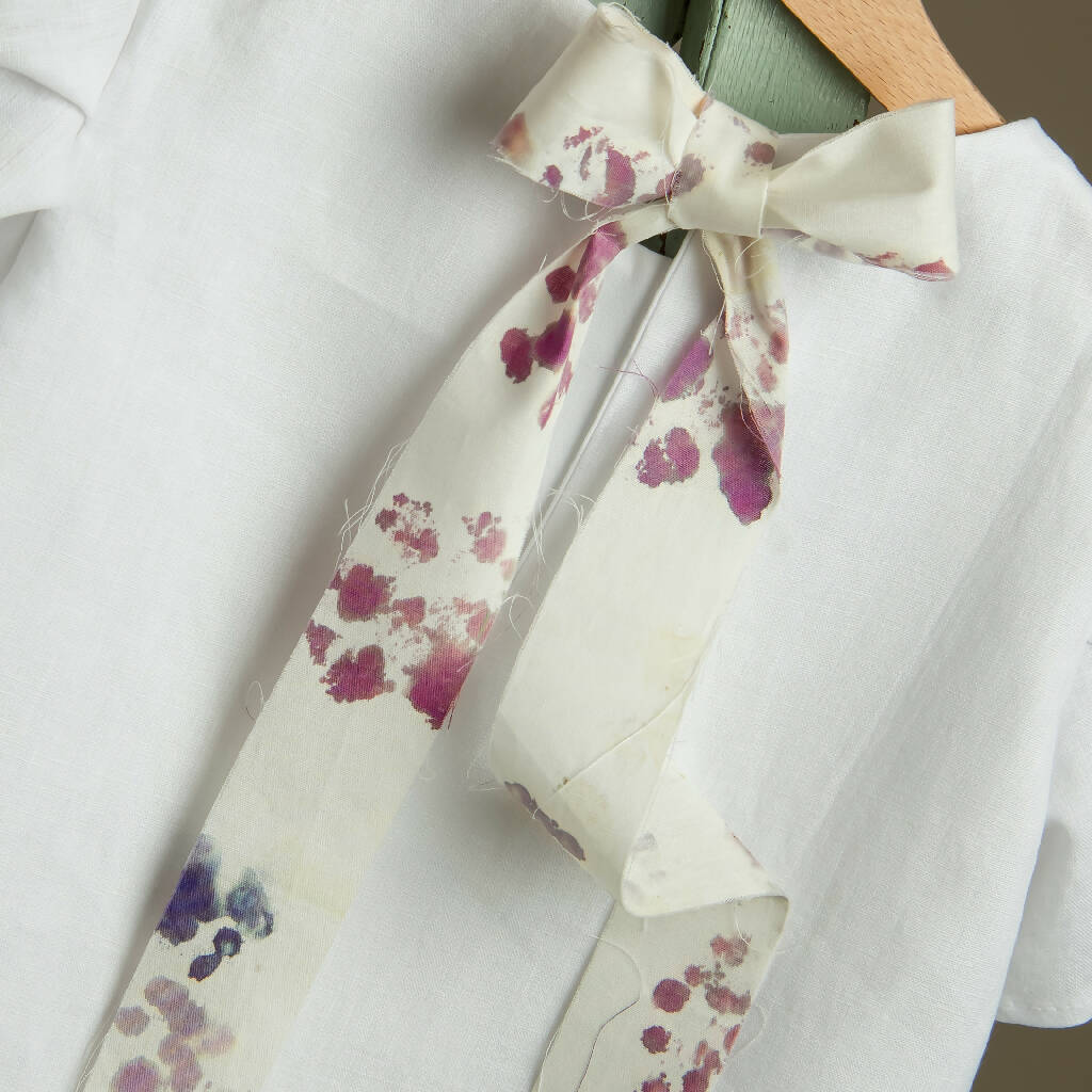 Organic Linen Girls Top with Floral Ribbon