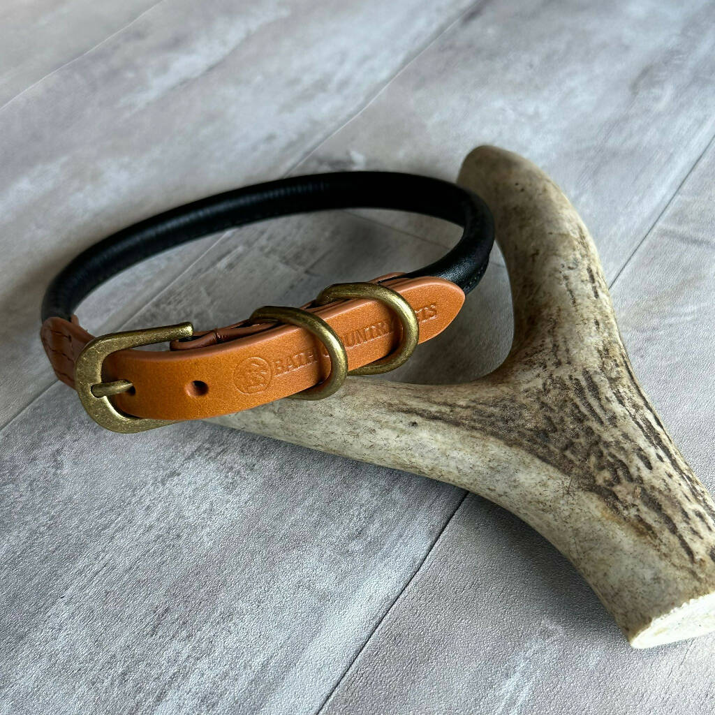 Rolled Leather Dog Collar Black with Tan