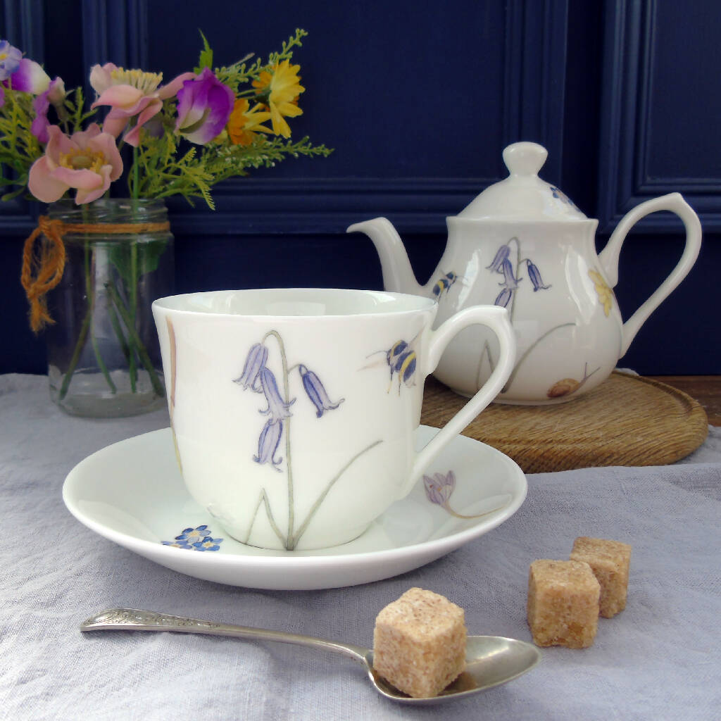 Bee and Spring Flowers Bone China Teacup and Saucer