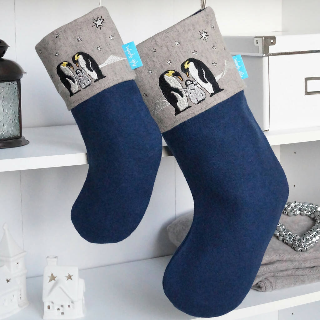 Embroidered Penguin and Chicks Christmas Stocking